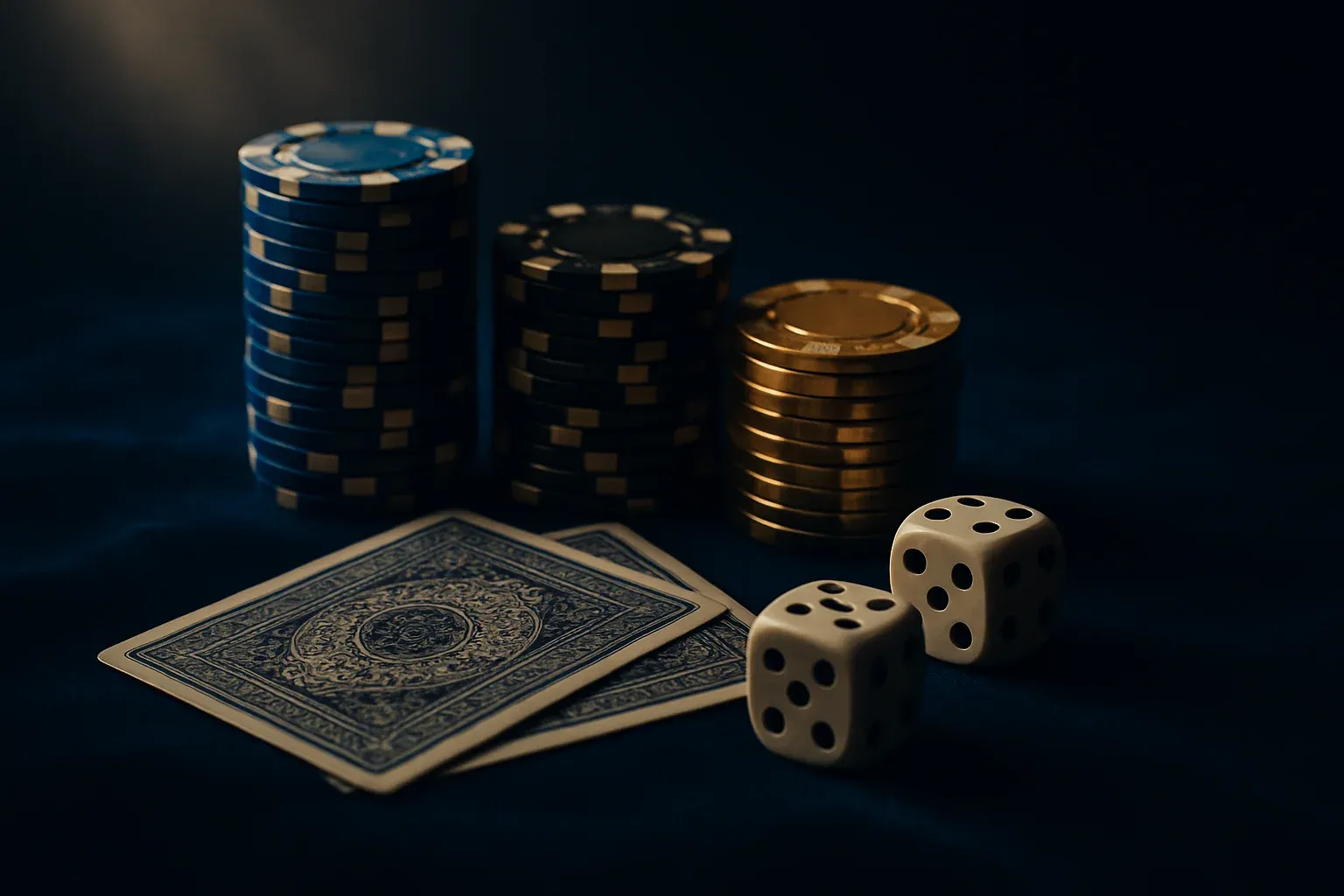 Ultra-realistic macro photo of poker chips, cards, and dice on blue velvet